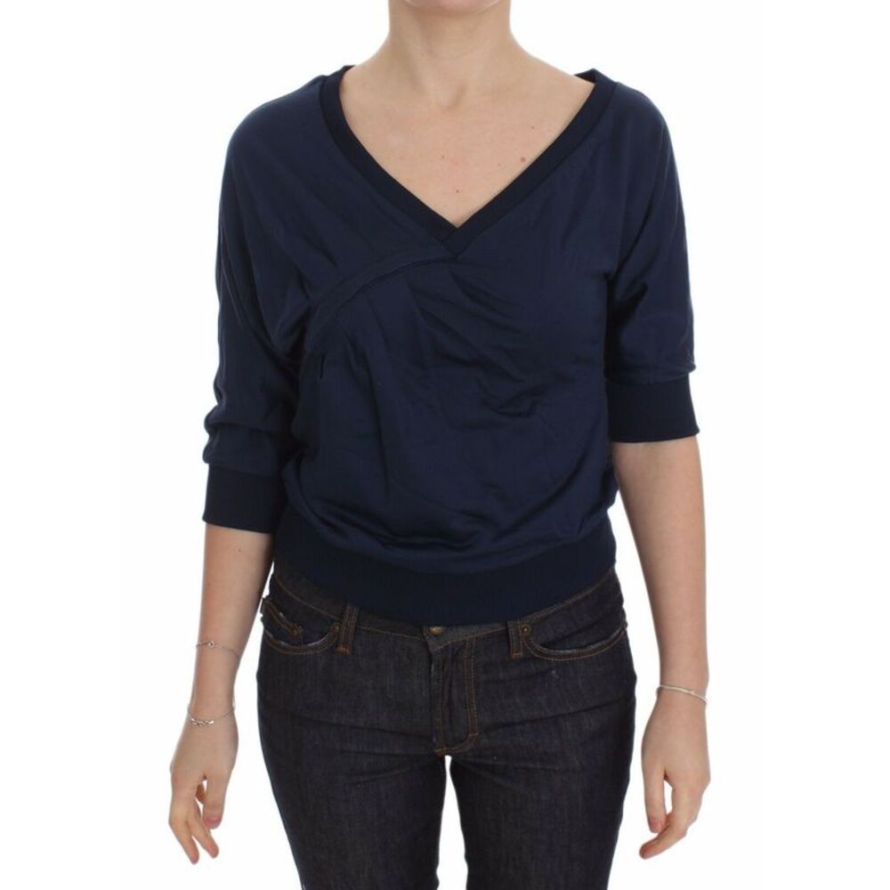 Exte Blue Cotton Top Pullover Deep V-neck Women Women's Sweater